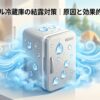 水滴が付いたポータブル冷蔵庫を描いた結露対策記事のイメージ