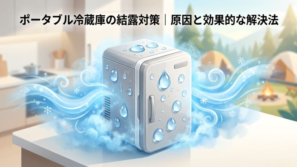 水滴が付いたポータブル冷蔵庫を描いた結露対策記事のイメージ