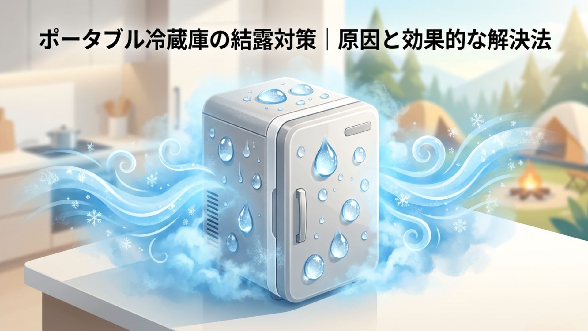 水滴が付いたポータブル冷蔵庫を描いた結露対策記事のイメージ