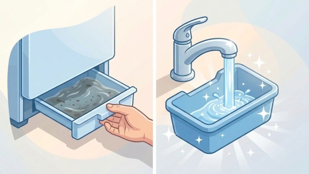 ドレンパンがある冷蔵庫で結露水の受け皿を取り出して清掃するイラスト