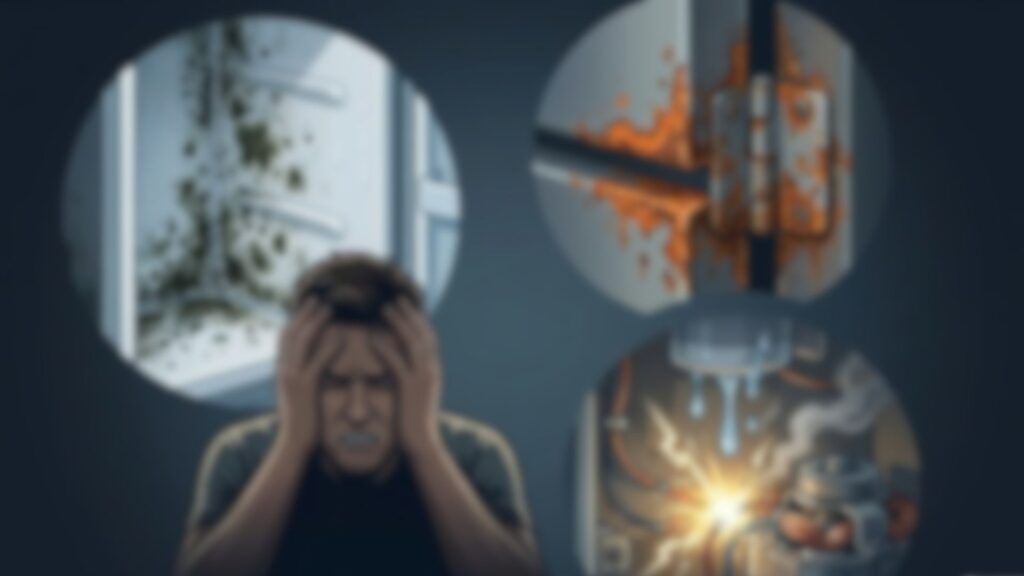 庫内のカビや金属部分の腐食など結露を放置した場合のリスクを示すイラスト