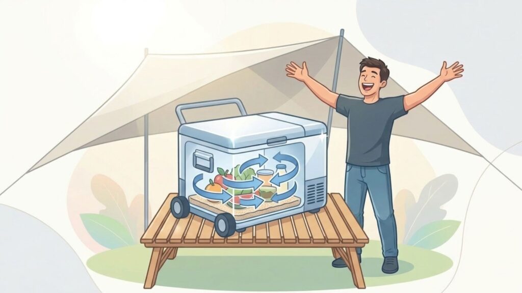 日陰に設置したポータブル冷蔵庫で食材に隙間を作り冷気を循環させる結露対策のイラスト