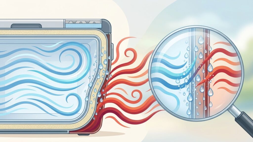 冷たい庫内と暖かく湿った外気が接して水滴が生じる結露の仕組みを示すイラスト
