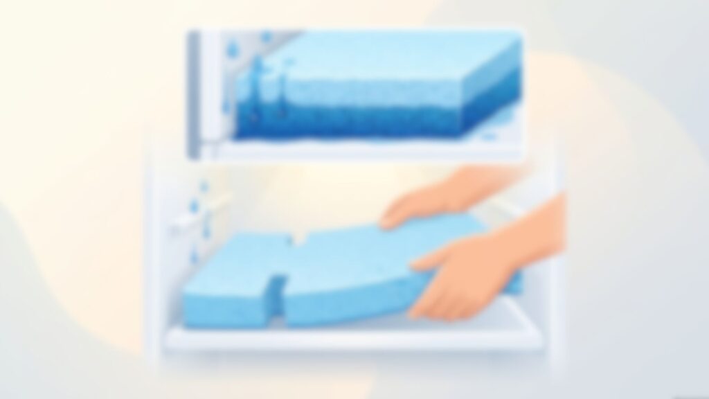 排水口をふさがないよう薄い吸水シートで庫内の結露水を吸収するイラスト