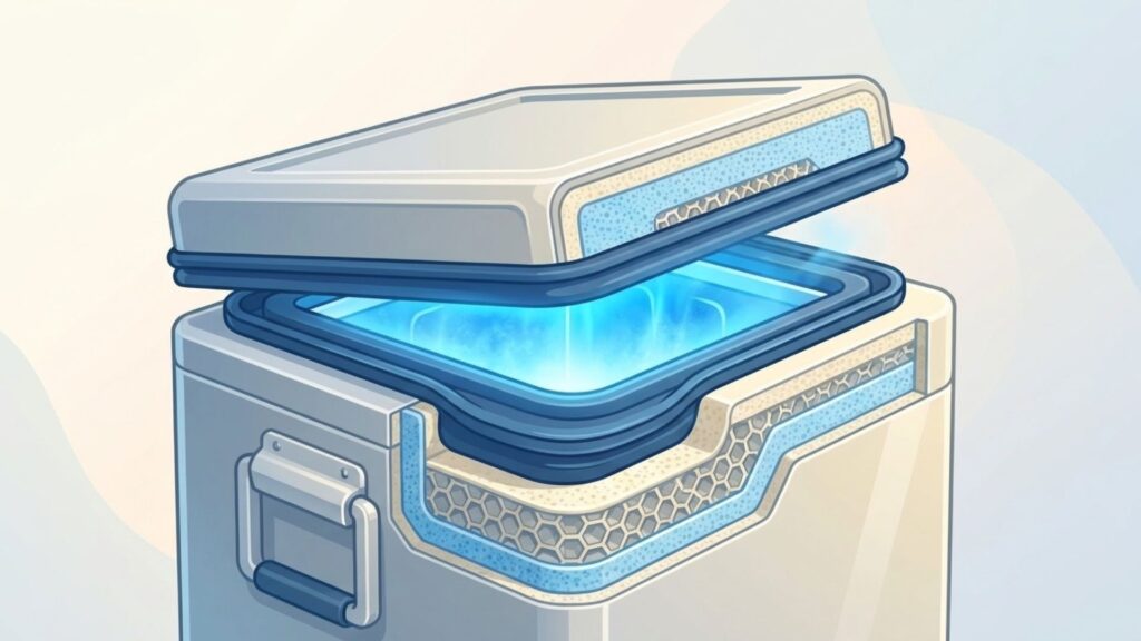 断熱層とフタのパッキン構造を断面で示したポータブル冷蔵庫のイラスト