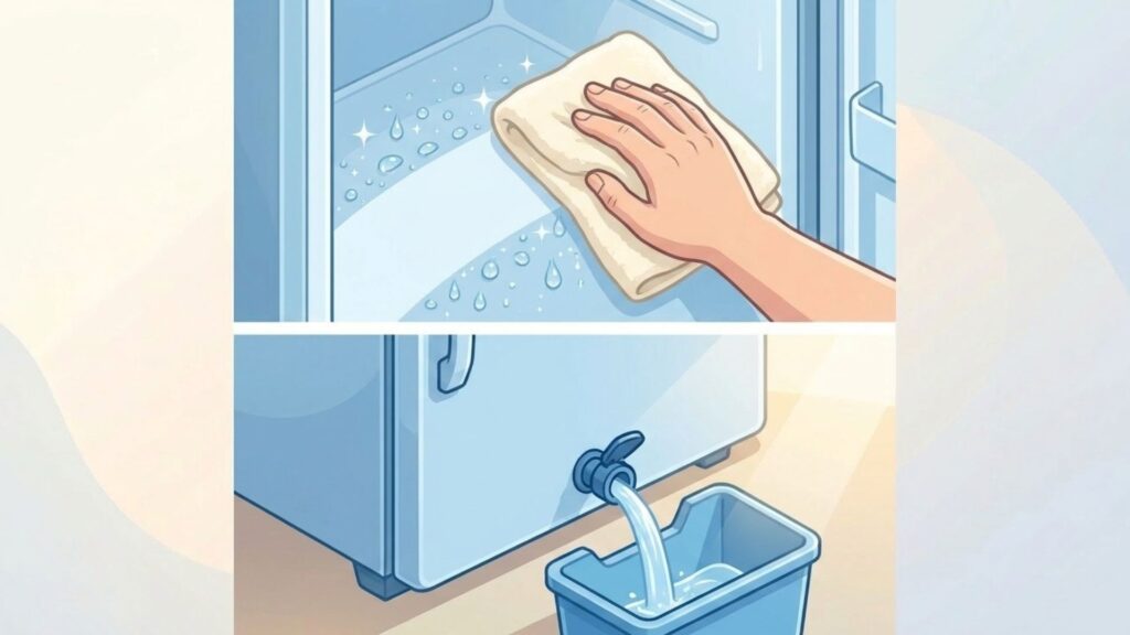 庫内の水滴を布で拭き取り排水口があるモデルから容器へ水を抜く様子