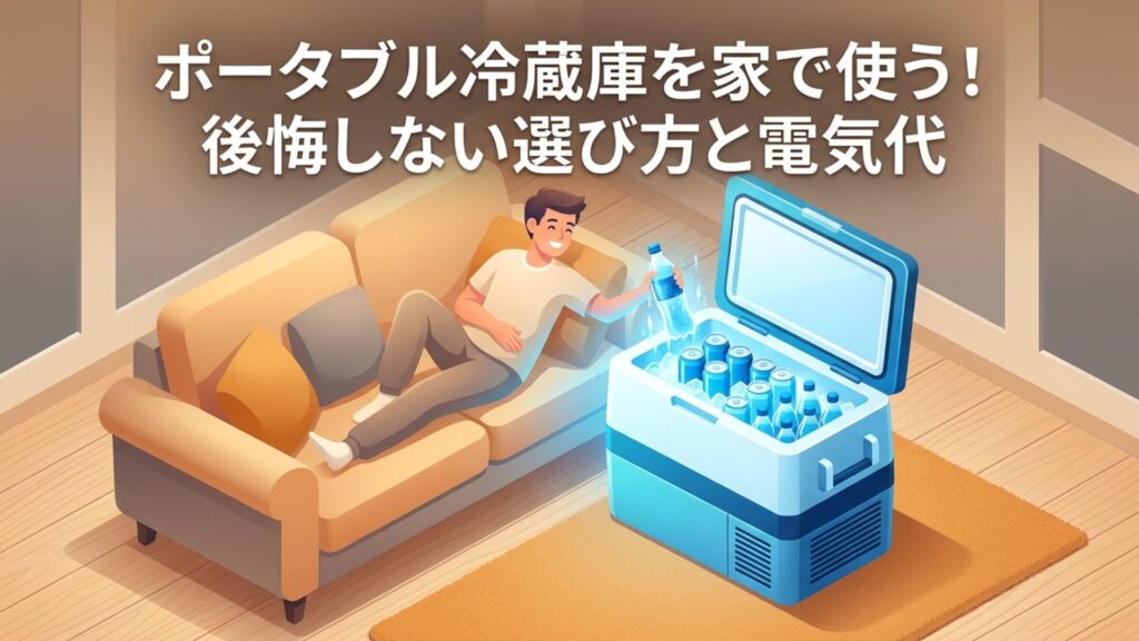 リビングでポータブル冷蔵庫を家で使用する様子と「ポータブル冷蔵庫を家で使う！後悔しない選び方と電気代」の記事表紙