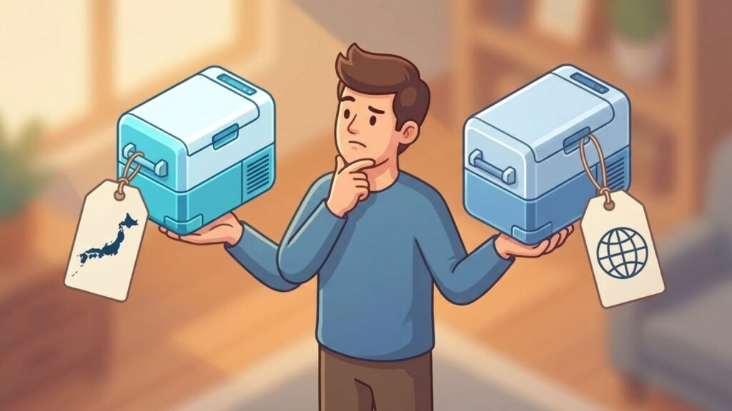 日本を示すマークと海外を示すマークが付いたポータブル冷蔵庫を比較するイメージ