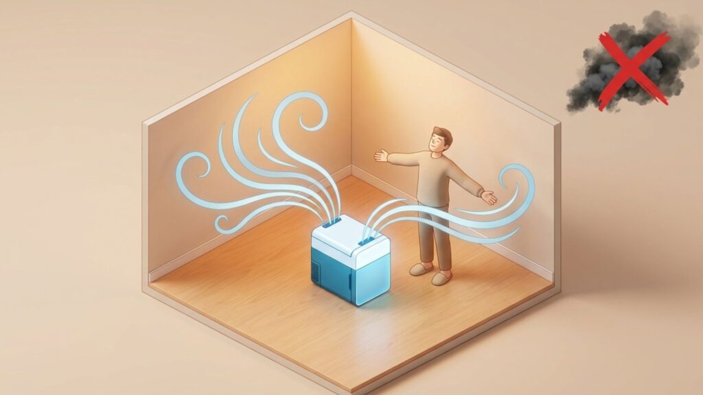 室内で電気式ポータブル冷蔵庫を使用する際の安全性を表したイメージ