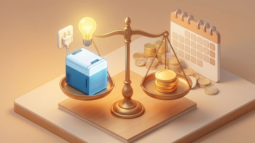 ポータブル冷蔵庫の使用と毎月の電気代を天秤で比較するイメージ