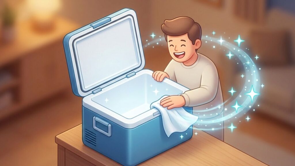 ポータブル冷蔵庫の庫内を布で拭いて清潔に手入れしている様子