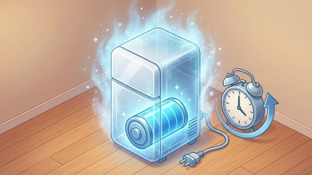 バッテリーを搭載したポータブル冷蔵庫と時計で稼働時間を表したイメージ