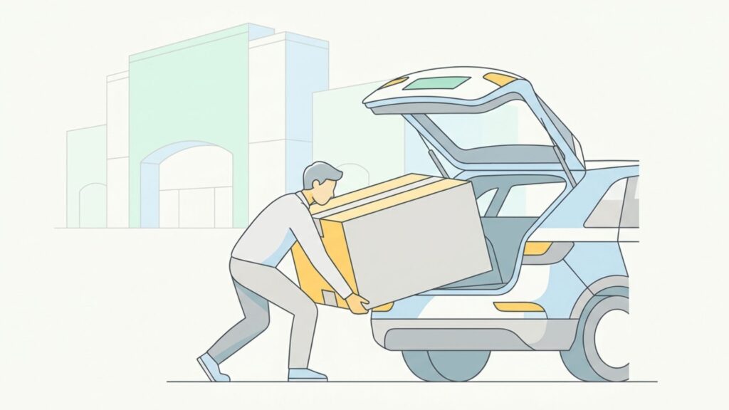 店舗の前で大きな荷物を車の荷室へ積み込む人物