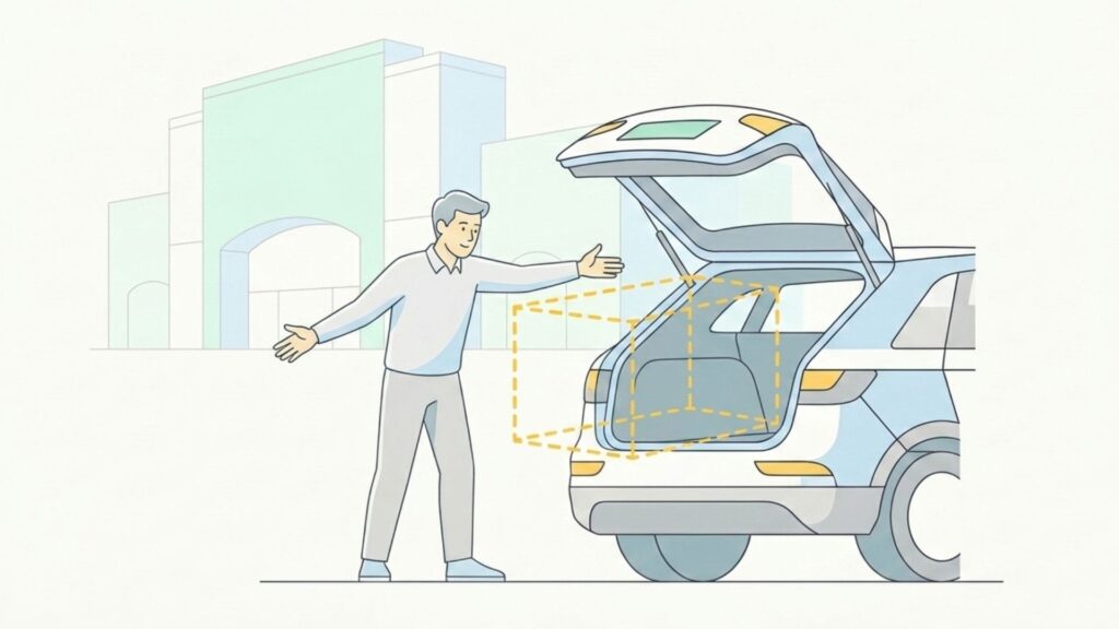 車の荷室を確認する人物と荷室の設置スペースを示す点線の立体枠