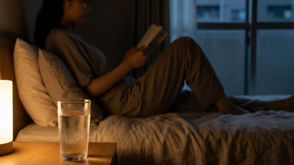 ベッド脇のテーブルに冷たい水を置き、夜の寝室で読書する人物