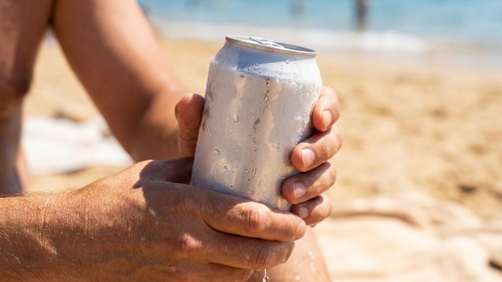暑い屋外で結露した冷たい缶飲料を両手で持つ様子