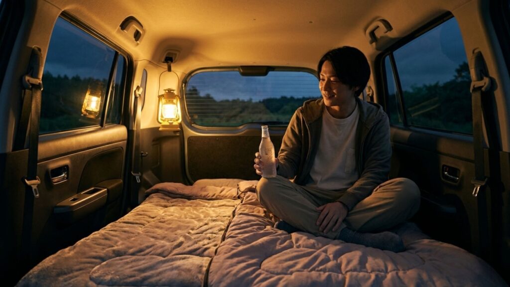 夜の車内で寝具の上に座り、冷たいボトル飲料を手にする男性
