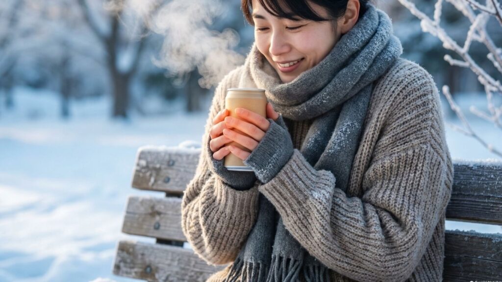 雪景色の屋外で温かい飲み物を両手で包む女性