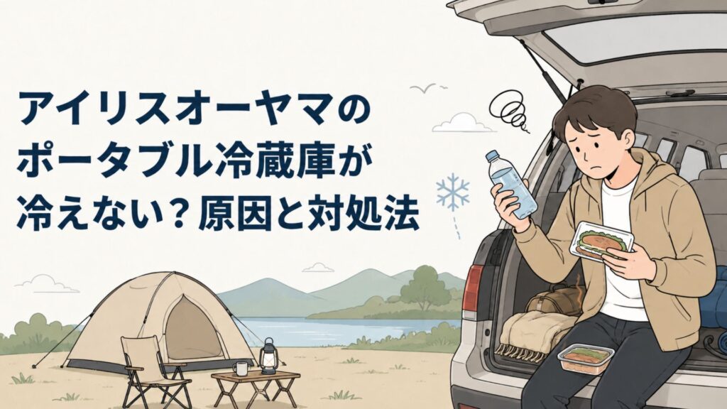 キャンプ場の車のそばで冷えない飲み物や食品を確認して困っている男性