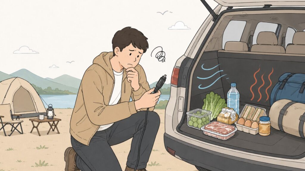 キャンプ場の車のそばで電源や冷え具合を確認しながら原因を考えている男性