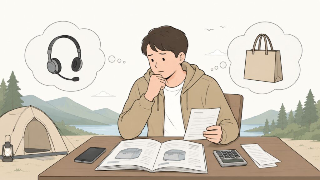説明書や書類を確認しながら修理と買い替えについて考えている男性
