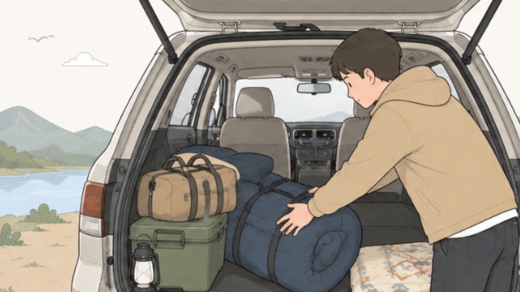 車内の荷物や寝具を移動させて熱がこもりにくい空間を確保する男性