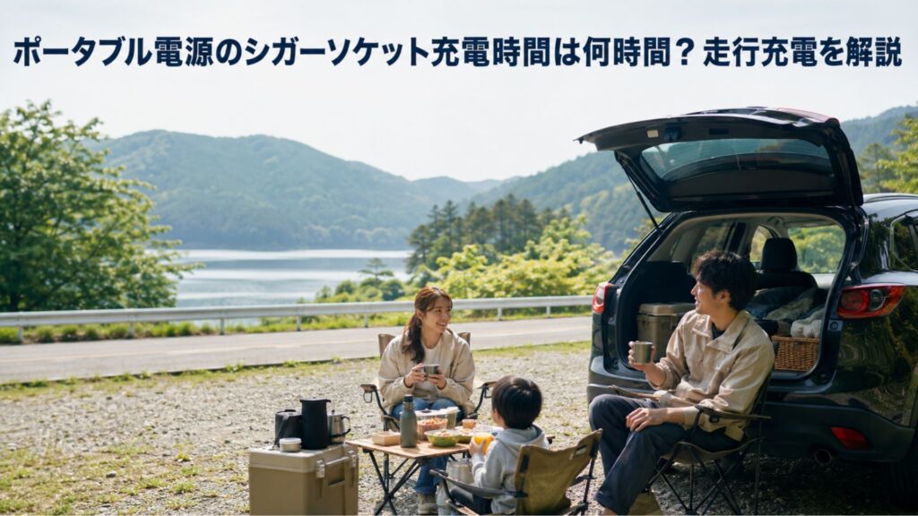 湖畔の道路脇で車中キャンプを楽しむ日本人家族