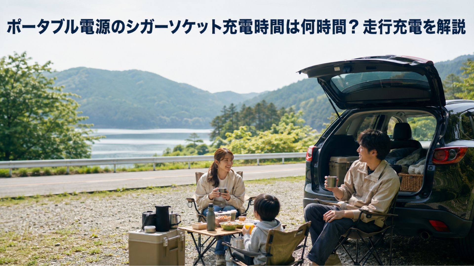 湖畔の道路脇で車中キャンプを楽しむ日本人家族