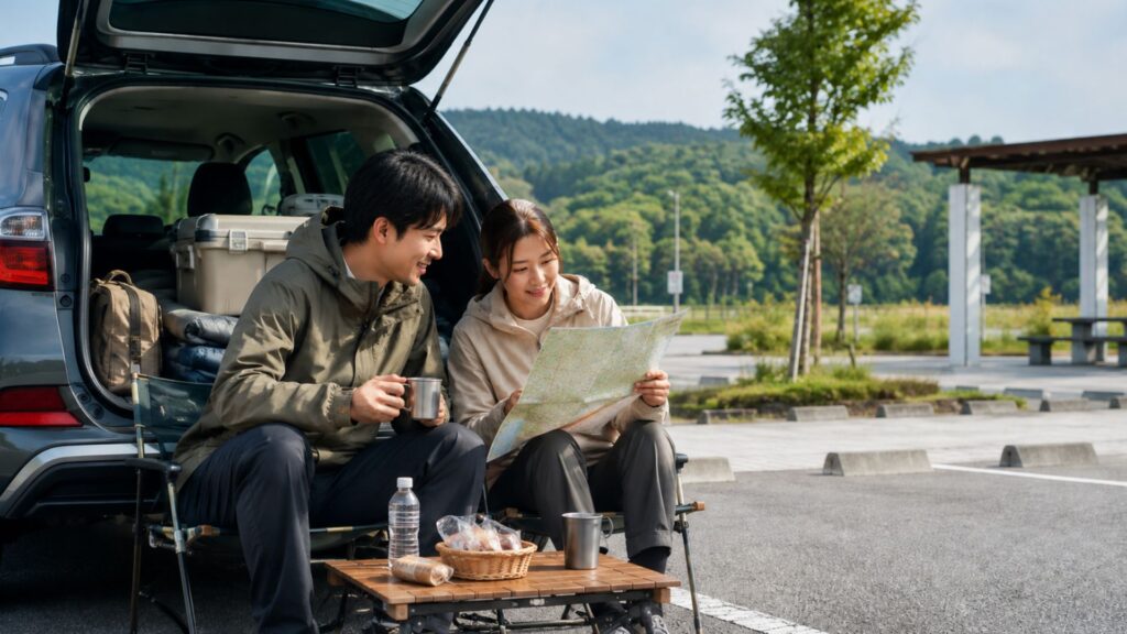 車の後部で休憩しながら地図を確認する日本人男女