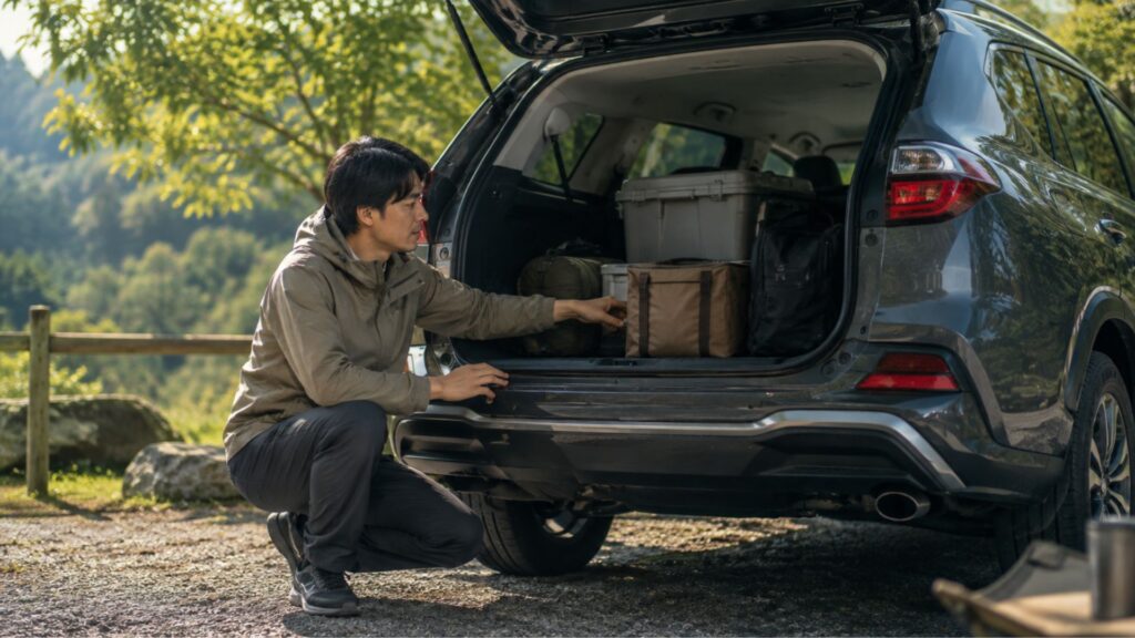 車の荷室に積んだキャンプ用品の状態を確認する男性