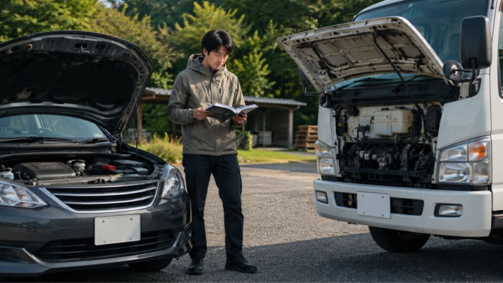 乗用車とトラックの間で取扱説明書を確認する男性