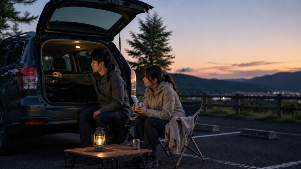 夕暮れの停車中に車内の状態を確認する日本人男女