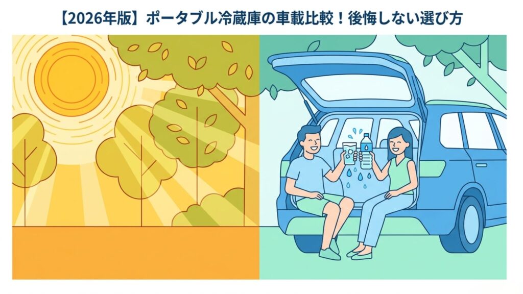 強い日差しの屋外と、開いた車の荷室で冷たい飲み物を手にする男女を対比した場面
