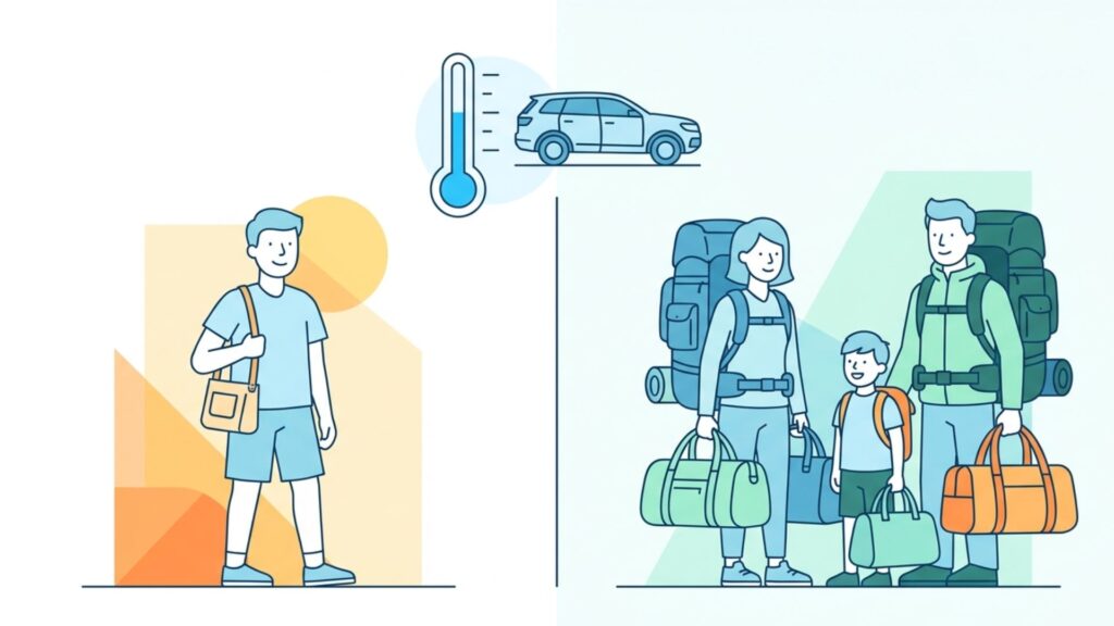 一人で出かける男性と、多くの荷物を持つ家族を左右に対比し、上部に車と温度計を描いた場面