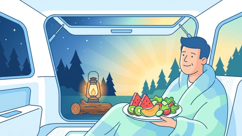 夜明け前後の車内で、果物や野菜を載せた皿を持ってくつろぐ男性