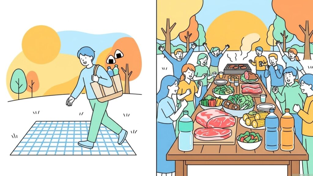 少量の飲み物を持つ一人の男性と、多くの食材や飲み物を囲む大人数のアウトドア場面の対比
