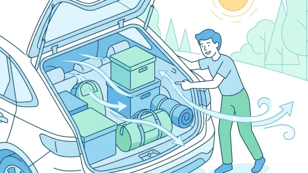 荷物を積んだ車の荷室に空気の流れを示す矢印が描かれ、男性が荷物の配置を確認している様子