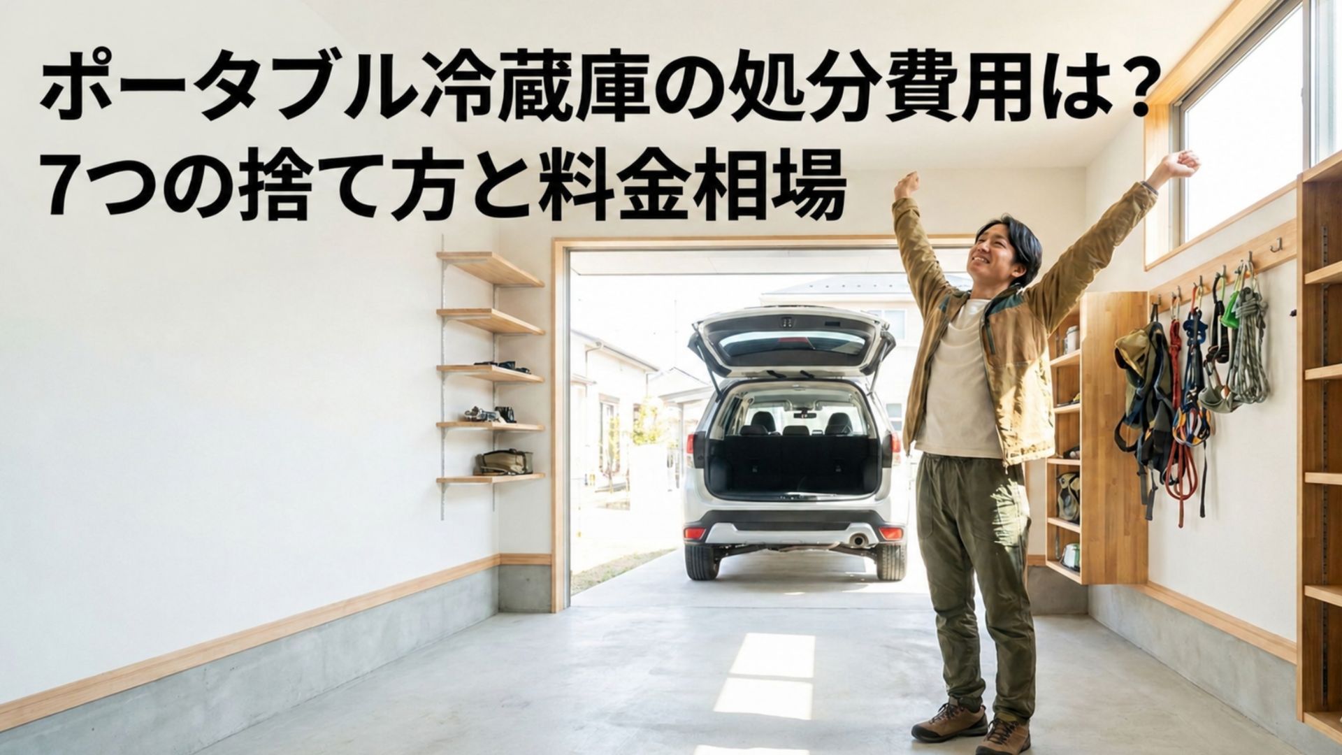 ガレージで車のそばに立ち両手を上げる男性と「ポータブル冷蔵庫の処分費用は 7つの捨て方と料金相場」の文字