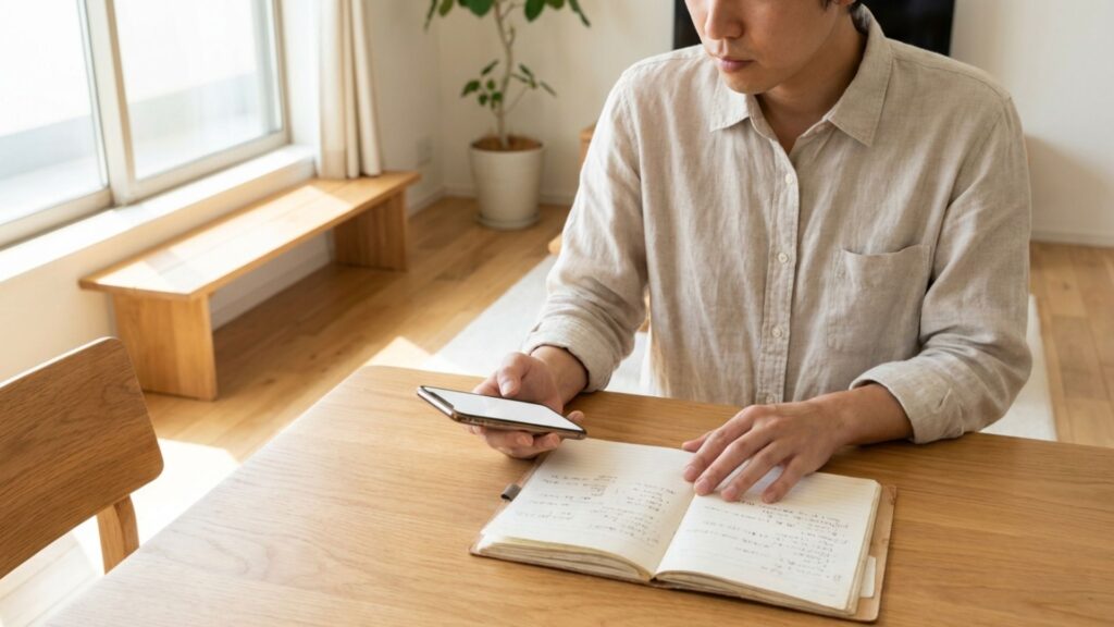 木製テーブルでスマートフォンを見ながらノートを確認する男