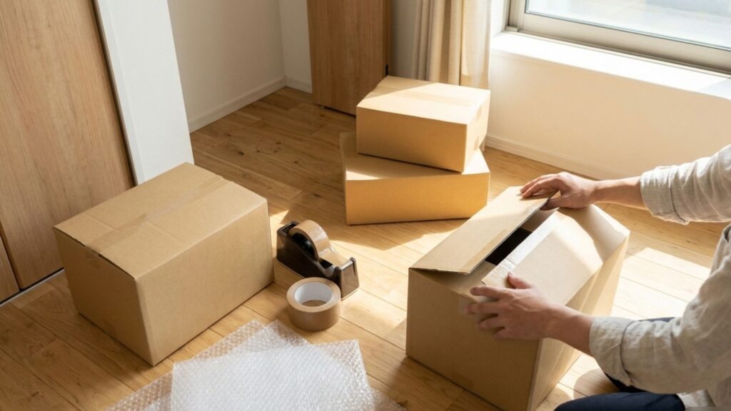段ボール箱や梱包材を広げて荷物の梱包準備をする人物