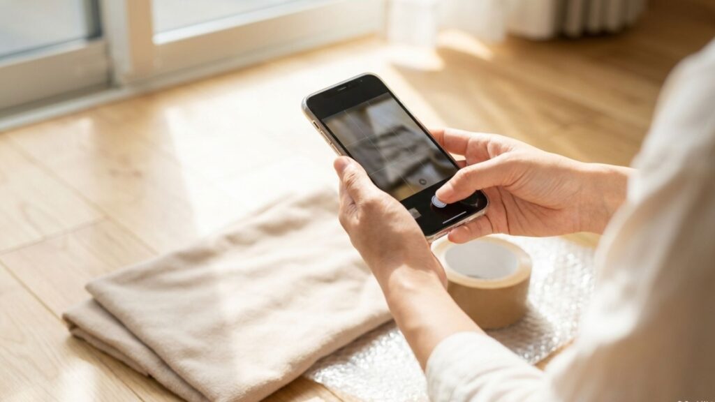 梱包材とテープのそばでスマートフォンを使って品物を撮影する人物の手元