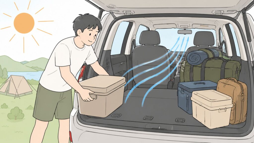 夏のキャンプ場で車内の荷物を移動させ空気が通るスペースを確保する男性