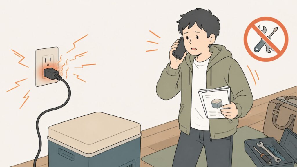 異常に熱くなった電源プラグを前に工具を使わず相談する男性