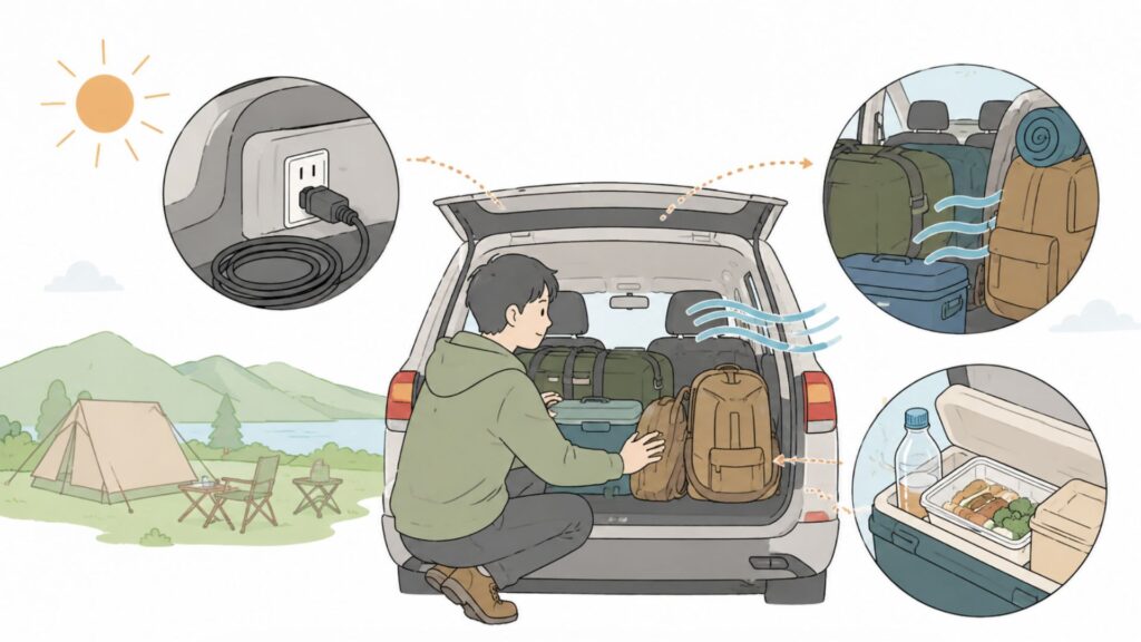 暑いキャンプ場で車内の荷物の周囲に空間を確保し風通しを確認する男性
