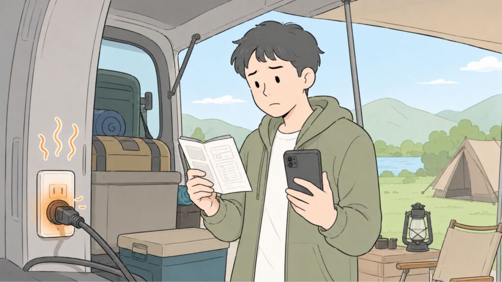 熱を持った電源プラグから離れて説明書とスマートフォンを確認する男性