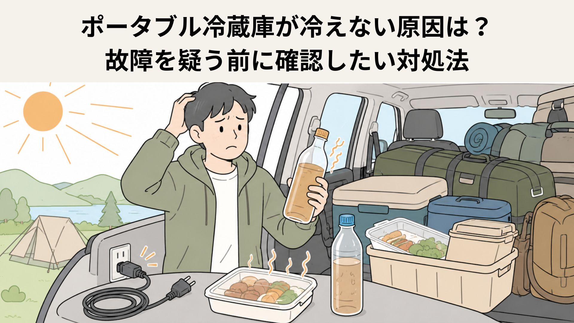 キャンプ中の車内で冷えていない飲み物や食品を前に原因を確認する男性