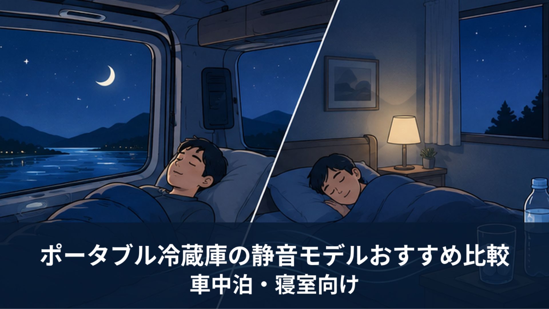 夜の車内と寝室で静かに眠る人物を対比した静音性をイメージする場面