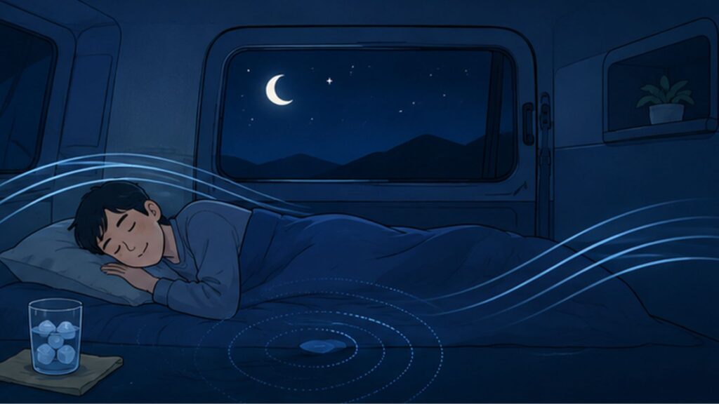 夜の車内で眠る人物と静かな空気や振動を表す線