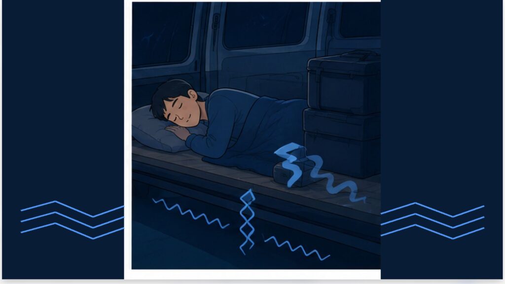 夜の車内で眠る人物のそばに床へ伝わる振動を象徴する波形を描いた場面