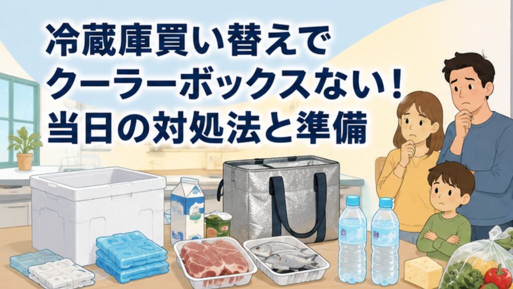 冷蔵庫の買い替え時に発泡スチロール箱や保冷バッグと食材を前に対処方法を考える家族